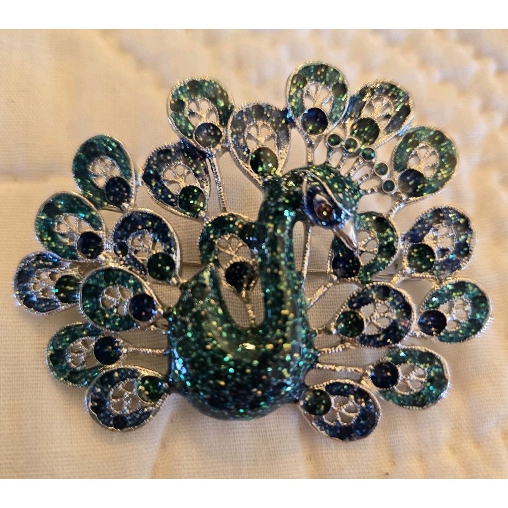 PEACOCK Brooch silver-tone & enamel 2 1/4" x 1 1/2" Bird Costume Glitter Jewelry